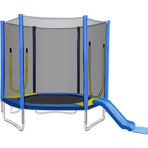 Ami 7 ft Blue Trampoline with Safety Enclosure Net, Slide and Ladder, Outdoor Recreational Trampoline