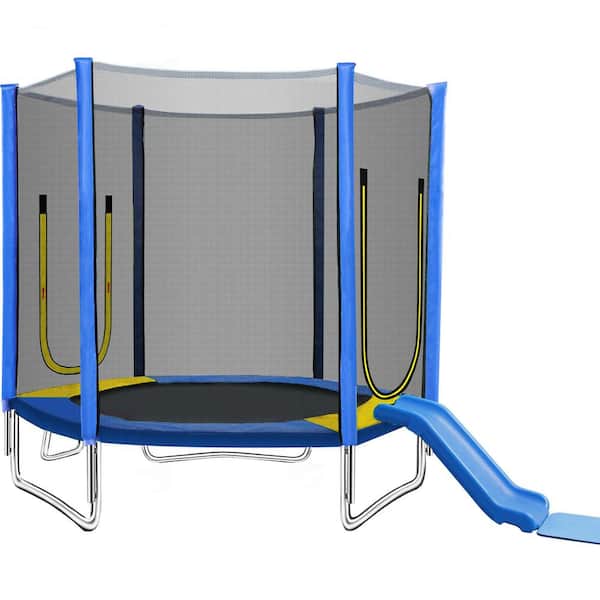 Miscool Ami 7 ft Blue Trampoline with Safety Enclosure Net, Slide and Ladder, Outdoor Recreational Trampoline