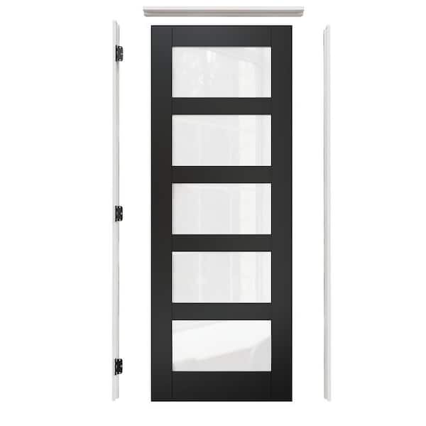 30 in. x 80 in. 5-Lite Frosted Glass Right-Hand Black Solid Core Wood Single Prehung Interior Door+ Quick Assemble Jamb