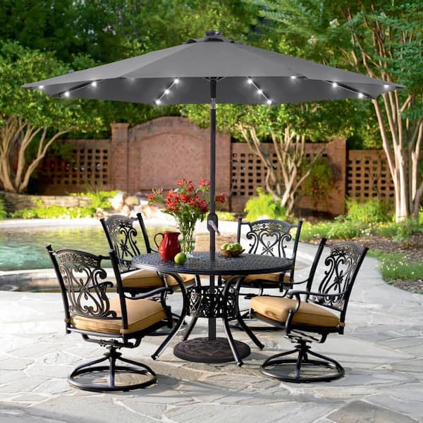 Sonkuki 9 ft. Market Solar Lighted LED and Tilt Button Outdoor Table Patio Umbrella, UV-Resistant Canopy in Anthracite
