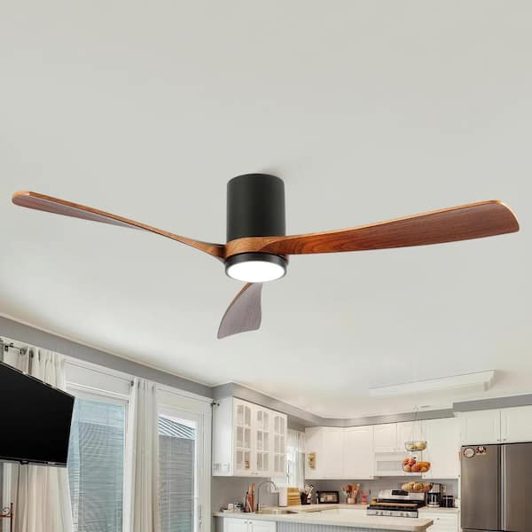 60 in. Black 3 Wood Blades Flush Mount Standard Ceiling Fan with Full Spectrum LED Light and Remote Control Included