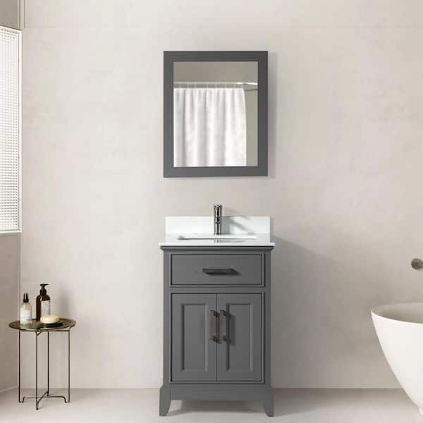 Vanity Art Genoa 24 in. W x 22 in. D x 36 in. H Bath Vanity in Grey with Engineered Marble Top in White with Basin and Mirror