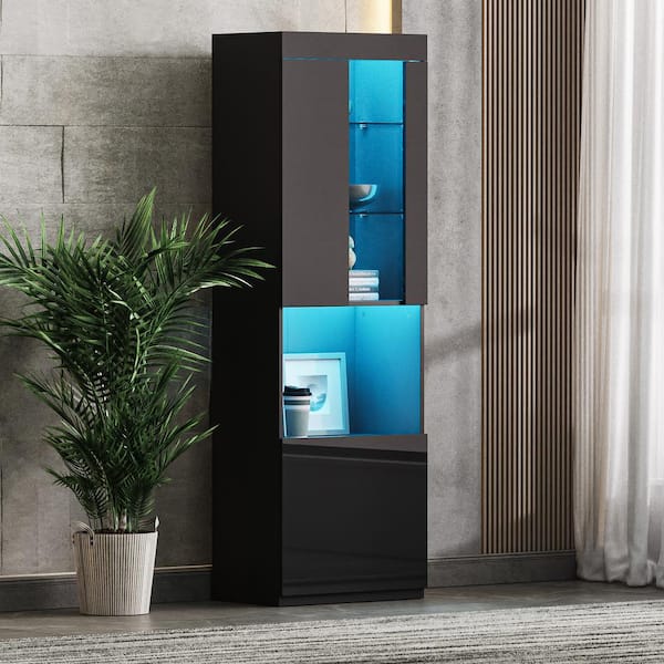Clihome High Gloss Black 67 in. H Storage Cabinet with LED Lights, Acrylic Door and Tempered Glass Shelves