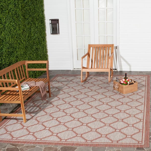 Courtyard Red/Beige 9 ft. x 12 ft. Geometric Indoor/Outdoor Patio  Area Rug