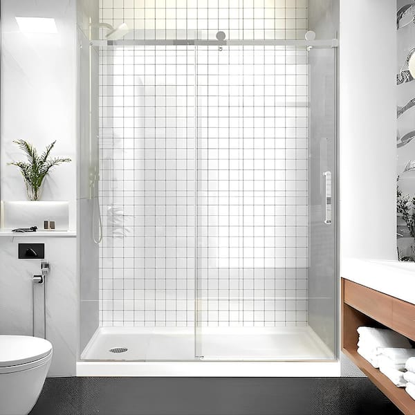 57-60 in. W x 75 in. H Single Sliding Frameless Shower Door Chrome 5/16 in. Clear Glass with Handle
