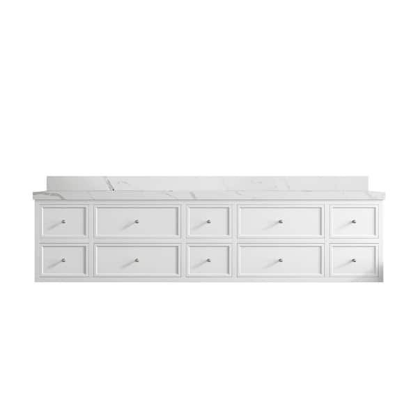 Willow Collections Roswell Floating 84 in. Double Sink Freestanding White Bath Vanity with Calacatta Laza Qt. Top Unassembled