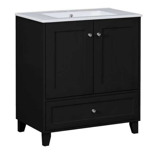 FAMYYT 30 in. Single Sink Freestanding Black Bath Vanity with White Ceramic Top, Adjustable Shelf Unassembled