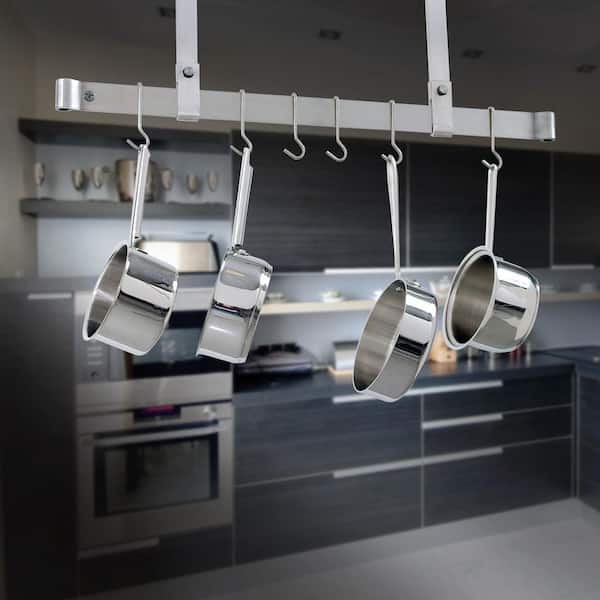 Handcrafted Stainless Steel 48 in. Adjustable Ceiling Bar Hanging Pot Rack with 12-Hooks