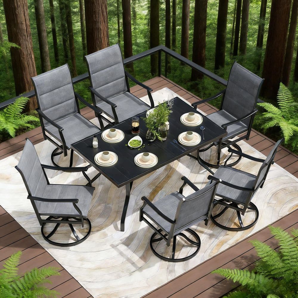 7-Piece Black Metal Outdoor Dining Set Includes 6 Gray Outdoor Chairs with Paded Textilene and Patio Table for Poolside price history on PriceWatchPro