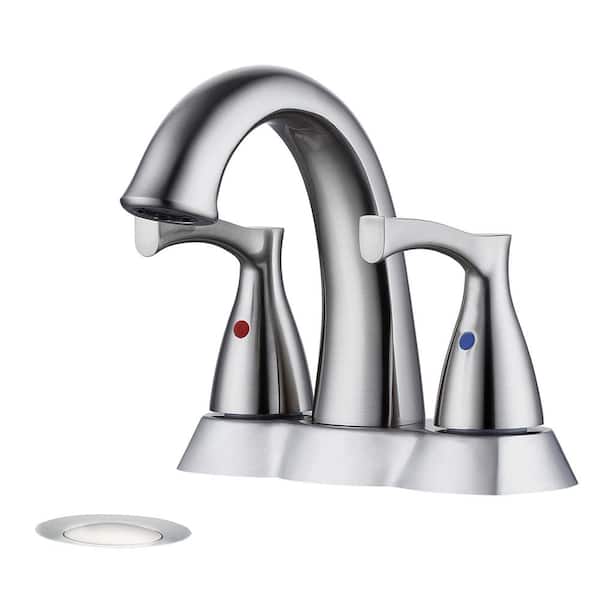 FLG 4 in. Centerset Double Handle High Arc Bathroom Faucet with Pop-up Drain Kit Included Brass Sink Taps in Brushed Nickel