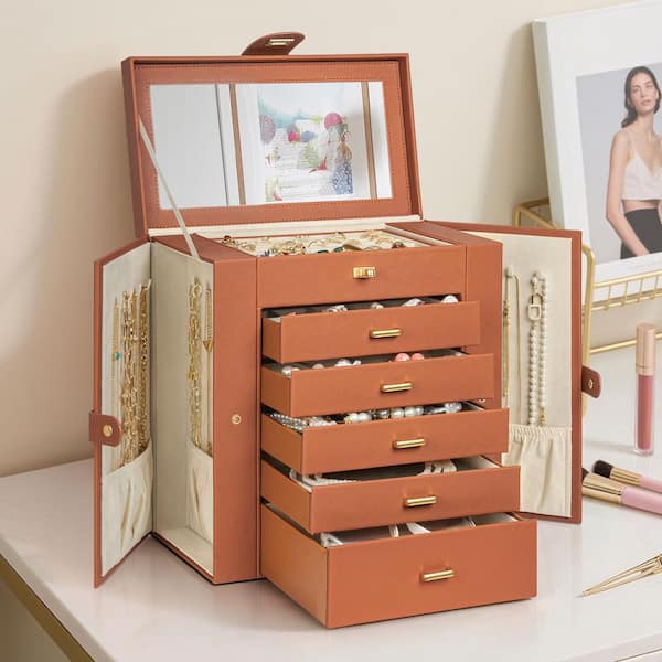 Functional Large Brown Leather Jewelry Box Organizer Storage Case