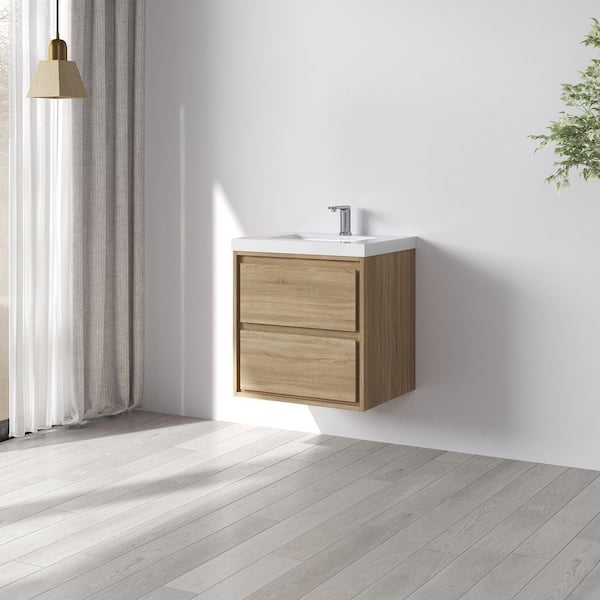 Purus 24 in. W x 20 in. D x 26 in. H Single Sink Wall Mounted Bath Vanity in Oak with White Cultured Marble Top