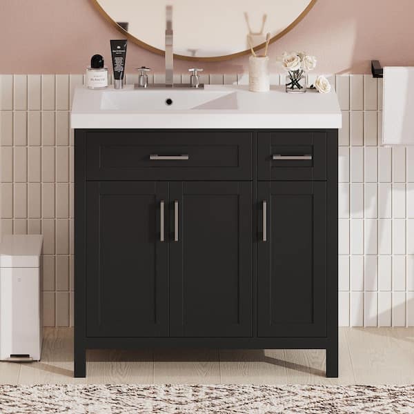 36 in. W Single Sink Freestanding Black Solid Wood Frame Bath Vanity with White Resin Top, Unassembled