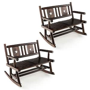 2PCS Carbonized Wood Outdoor Rocking Chair Double Rocking Chair for 2 Persons w/Wide Curved Seat