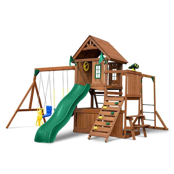 Swing-N-Slide Playsets Professionally Assembled Knightsbridge Ultimate Wooden Outdoor Playground Set with Slide, Rock Wall, and Monkey Bars