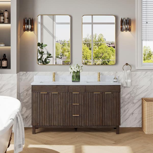 ROSWELL Palos 60 in. W x 22 in. D x 33.9 in. H Double Sink Bath Vanity in Spruce Antique Brown with White GRain Stone Top