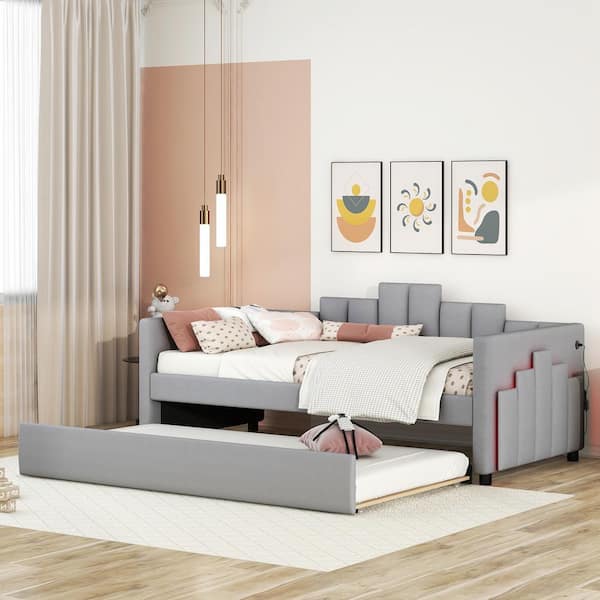 Harper & Bright Designs Gray Wood Frame Twin Size Velvet Upholstered Daybed with Light and USB Ports on Both Arms, Trundle