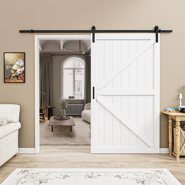 ARK DESIGN 48 in. x 84 in. Paneled Off White Primed MDF British K Shape MDF Sliding Barn Door with Hardware Kit and Soft Close