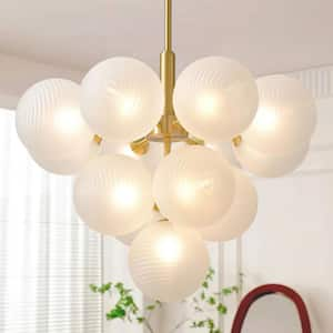 13-Light Brass and White Bubble;Island Circle;Cluster;Globe;Tiered Chandelier for Dining Room with Ribbed Glass