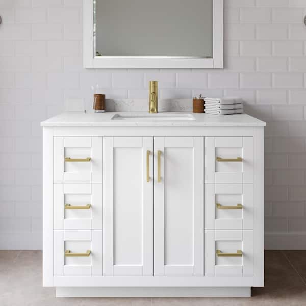 Wyndham Collection Miranda 42 in. W Single Bath Vanity in White with Cultured Marble Vanity Top in LV Carrara with White Basin and Mirror