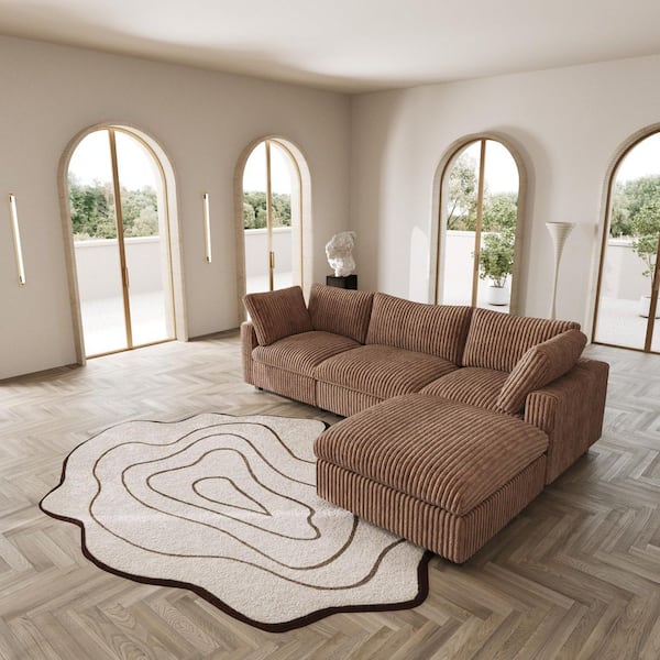 118.1 in. Rabbit Plush Fabric Square Arm 4-Piece Modular Free Combination Sectional Sofa in Brown