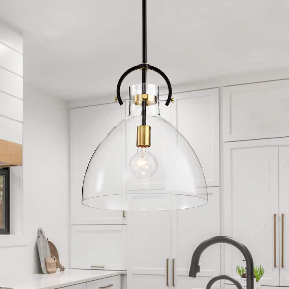 Essence 1-Light 14 in. Matte Black and Gold Modern Pendant Light Fixture with Bowl Shaped Clear Glass Shade price history on PriceWatchPro