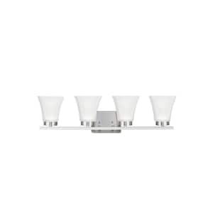 Bayfield 27.5 in. 4-Light Brushed Nickel Contemporary Wall Bathroom Vanity Light with Satin Etched Glass Shades