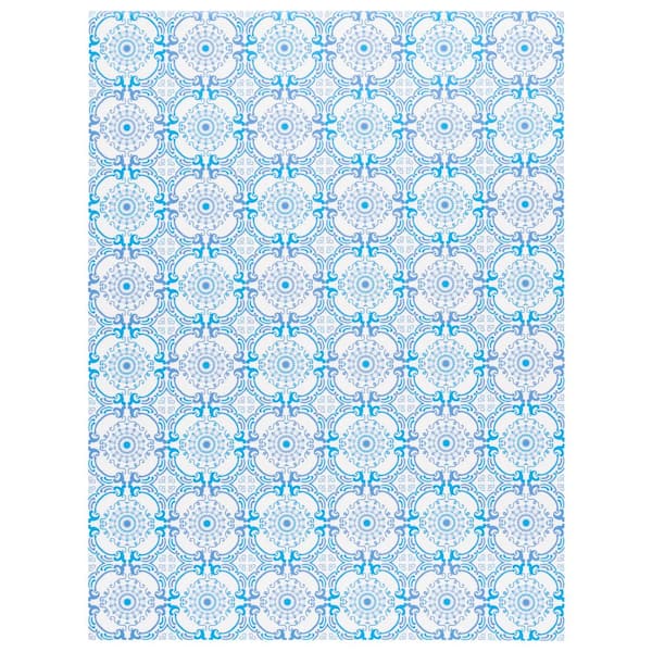 Vinyl Floor 3 ft. x 3 ft. Blue/Ivory Geometric Floral Area Rug