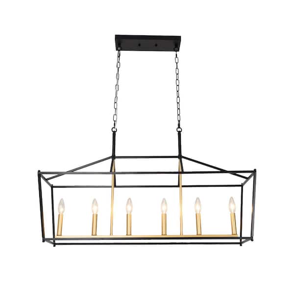 6-Light Black Gold Kitchen Island Linear Chandelier, Large Farmhouse Pendant Lighting for Dining Room Over Table