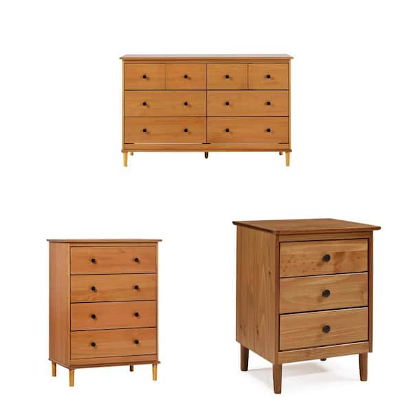 57 in. Caramel Wood 6-Drawer Dresser, 28 in. 4-Drawer Chest and 15 in. Nightstand Combo