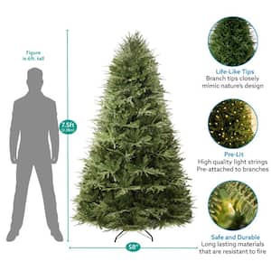 7.5 ft Realistic Hinged Prelit Artificial Christmas Tree with Foot Pedal, 2755 Branch Tips, 600 Warm Lights and Stand