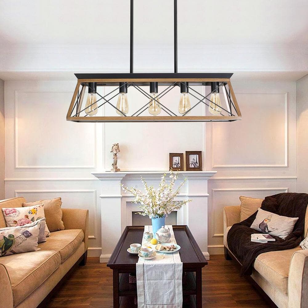 Walnut and Black Rectangular Cage Pendant Light