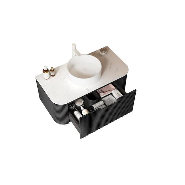 Modland Baye 35.83 in. W Floating Black Bath Vanity with White Ceramic Sink and White Engineered Marble Top Unassembled