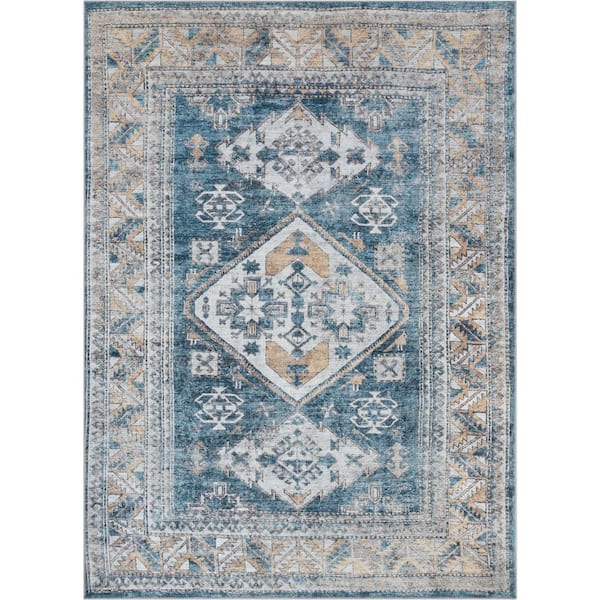 Well Woven Lotus Habra Light Blue Vintage Medallion Oriental 5 ft. 3 in. x 7 ft. 3 in. Machine Washable Area Rug