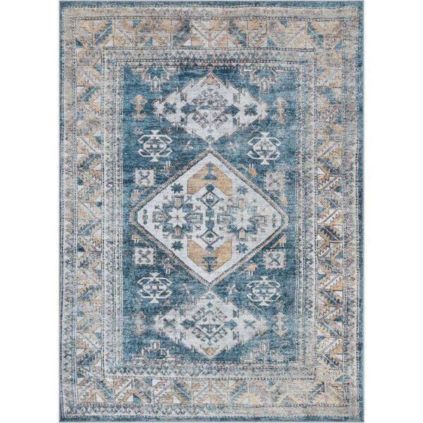 Well Woven Lotus Habra Light Blue 6 ft. 7 in. x 9 ft. 3 in. Vintage Medallion Oriental Area Rug