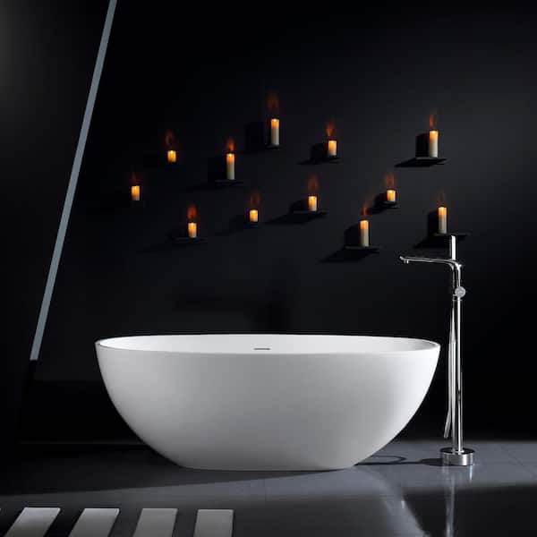 Unbranded Freestanding Soaking Solid Surface Bathtub 65.2 in. x 29.7 in. with Center Drain in Matte White