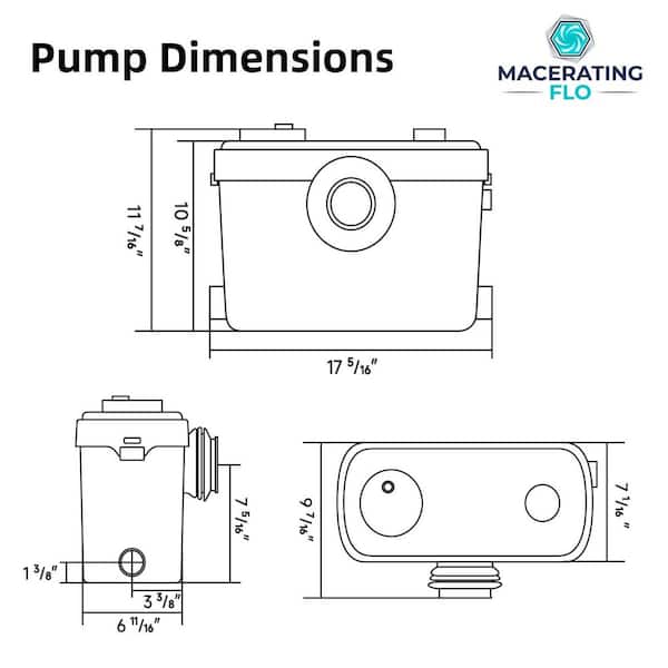 900W Upflush Macerating Toilet System, 18 in. Two piece Toilet, Two Extension Pipes, 3-Inlet Macerator Pump Lifts 39 FT.
