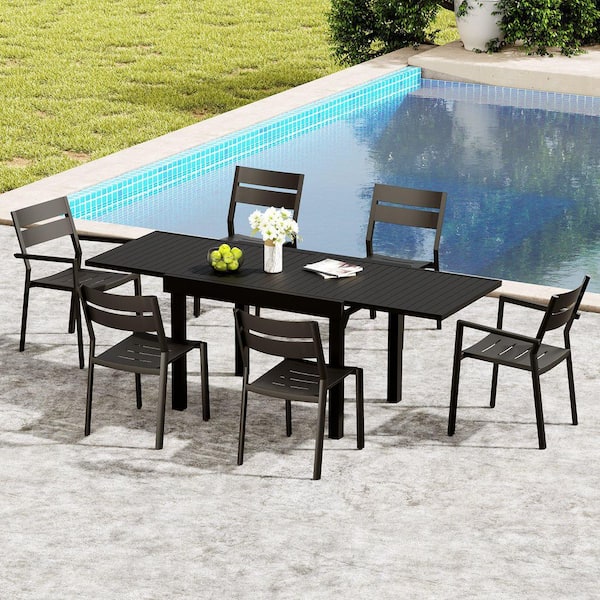 Black 7-Piece Metal Outdoor Dining Set with 82.68 in. Extension Table and Stackable Chairs
