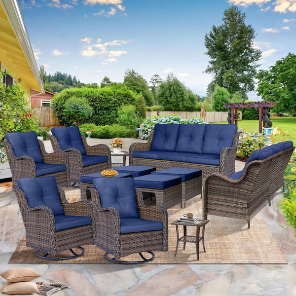 Brown 12-Piece Wicker Patio Conversation Seating Sofa Set Outdoor Rattan Swivel Chair with Navy Blue Cushion and Ottoman