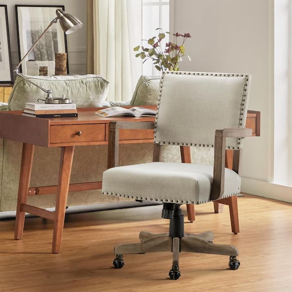 JAYDEN CREATION Romilda Modern Linen Fabric Adjustable Height Swivel Task Chair with Nailhead Trim and Solid Wood Base