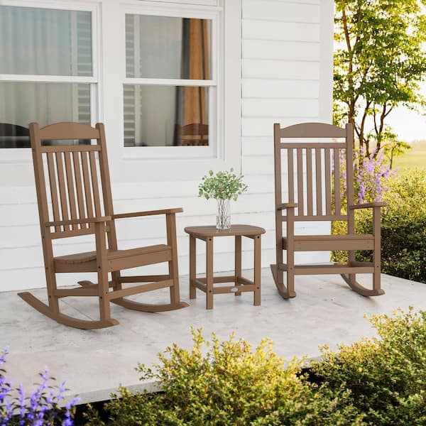 POLYWOOD Grant Park Teak Plastic Outdoor Rocking Chair Set (3-Piece)