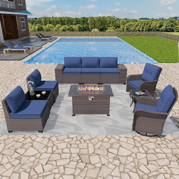 10-Piece Wicker Outdoor Patio Conversation Set with 55000 BTU Propane Fire Pit Table and Swivel Rocking Chairs, Navy