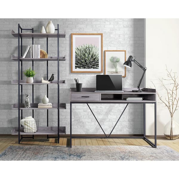 Picket House Furnishings Peyton 32 in. Tall Grey Wood/Metal 5-Shelf Industrial Bookcase