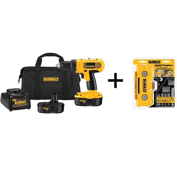 DEWALT 18-Volt NiCd Cordless 1/2 in. Compact Drill/Driver Kit with 15-Piece Screw Driving Set, (2) Batteries 1.2Ah and Charger