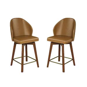 Lothar Mid-Century Modern Leather Swivel Stool Set of 2 with Solid Wood Legs-Camel