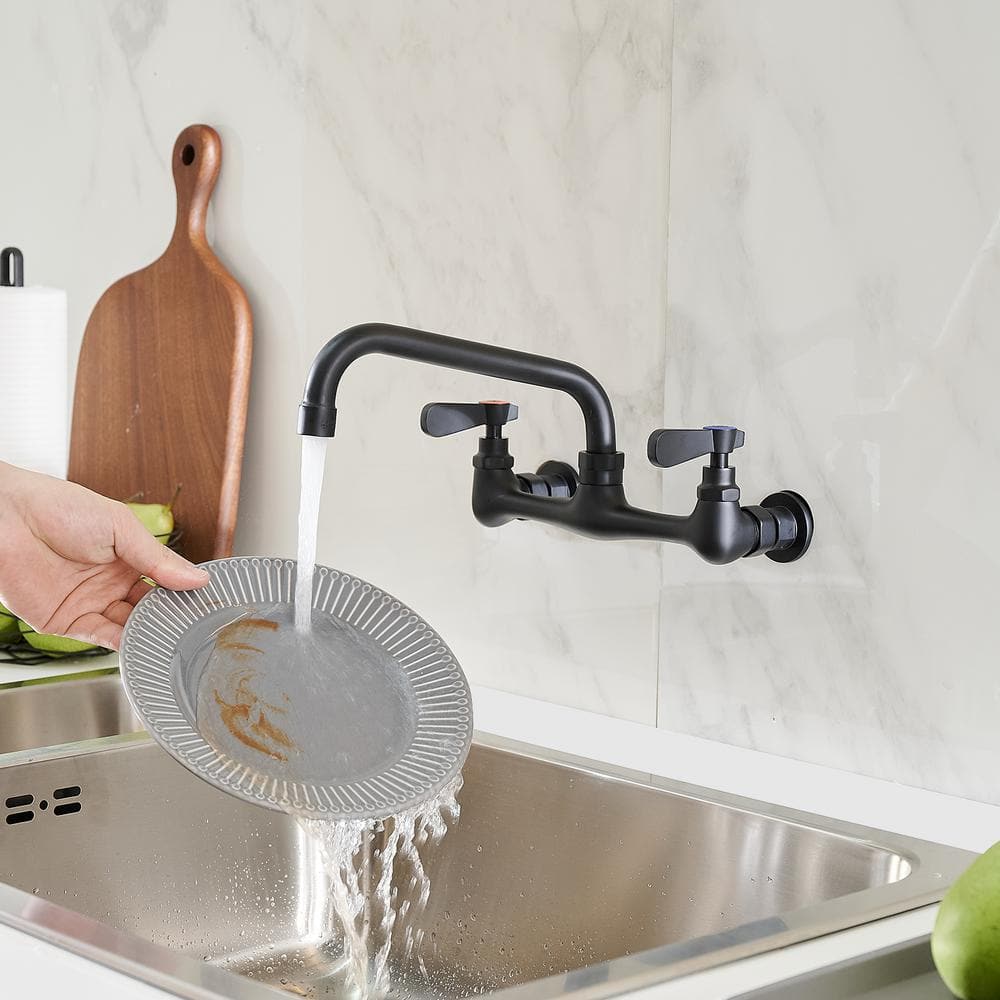 Matte Black Wall-Mount Dual Handle Kitchen Faucet