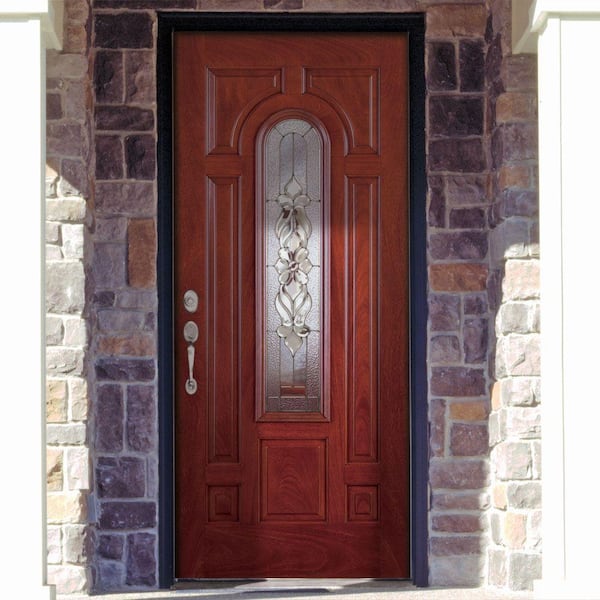 37.5 in. x 81.625 in. Lakewood Zinc Center Arch Lite Stained Cherry Mahogany Right-Hand Fiberglass Prehung Front Door