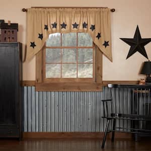 Burlap Stenciled Stars 36 in. L Cotton Swag Valance in Tan Natural Black Pair