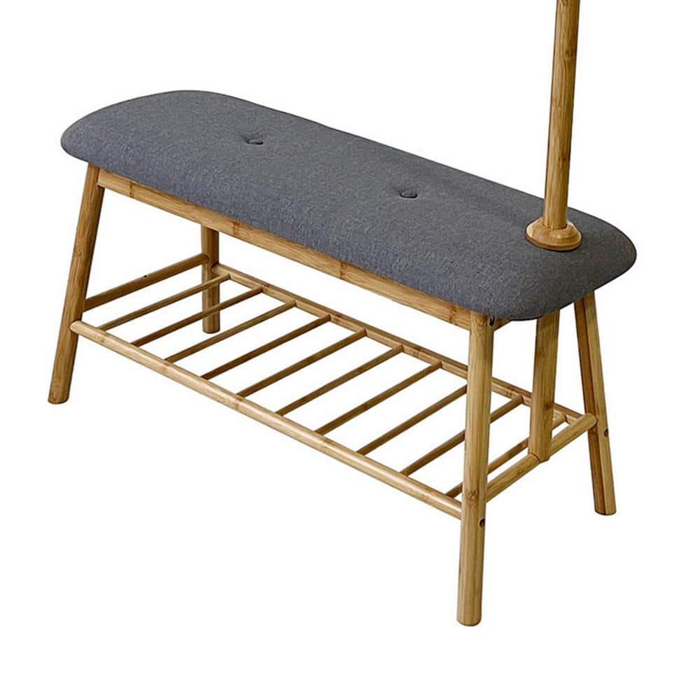 Gray Upholstered Hall Tree with Bamboo Frame and Storage Bench