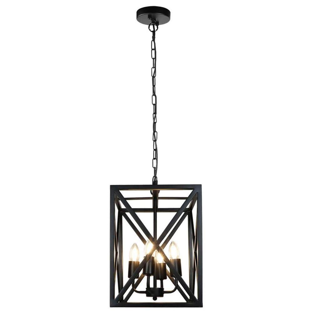 TAIFOND 4-Light Matte Black Rectangle Metal Cage Pendant Light with ...